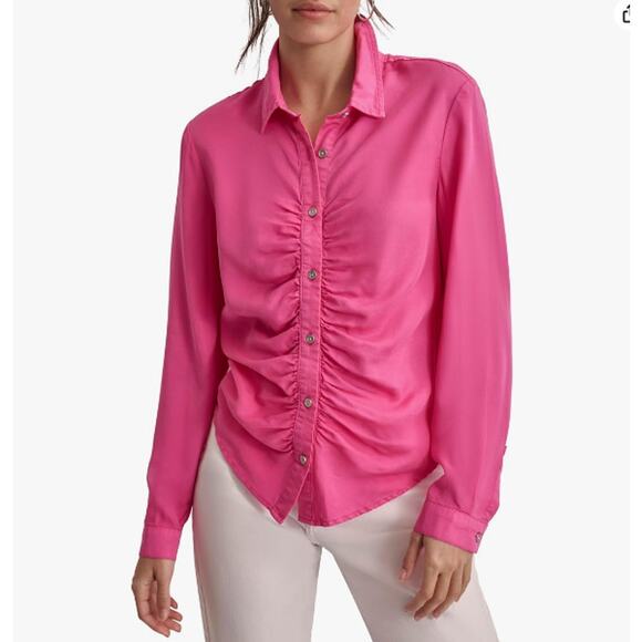 DKNY Jeans Women's Everyday Long Sleeve Button Down Ruched Top Pink Small - Picture 1 of 12